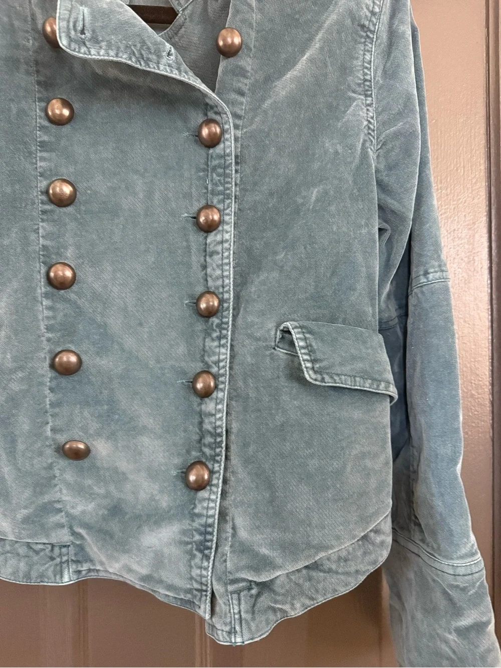 Free People Vintage Teal Double-Breasted Military Jacket